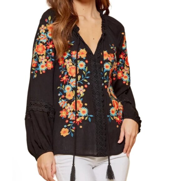 Savanna Jane Tops - Savannah Jane Embroidered Black Boho Top Blouse Peasant Floral Lace Large